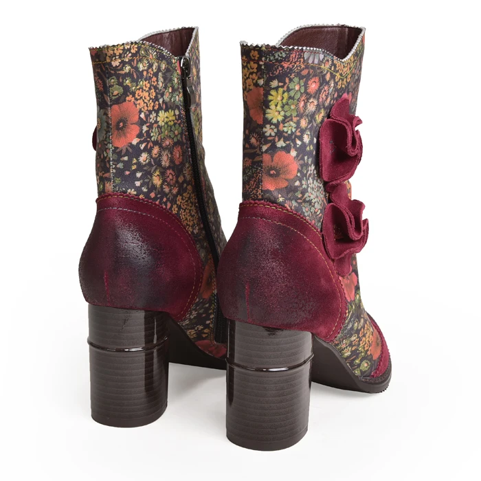 Women Floral Genuine Leather Ankle Boot Handmade High Heels Ankle Booties Boot Lady Winter Shoe