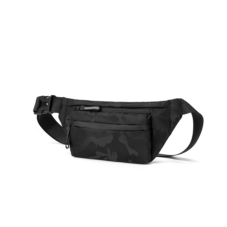 Stylish black camo mens nylon fanny pack waterproof daily travel waist bag with three compartments