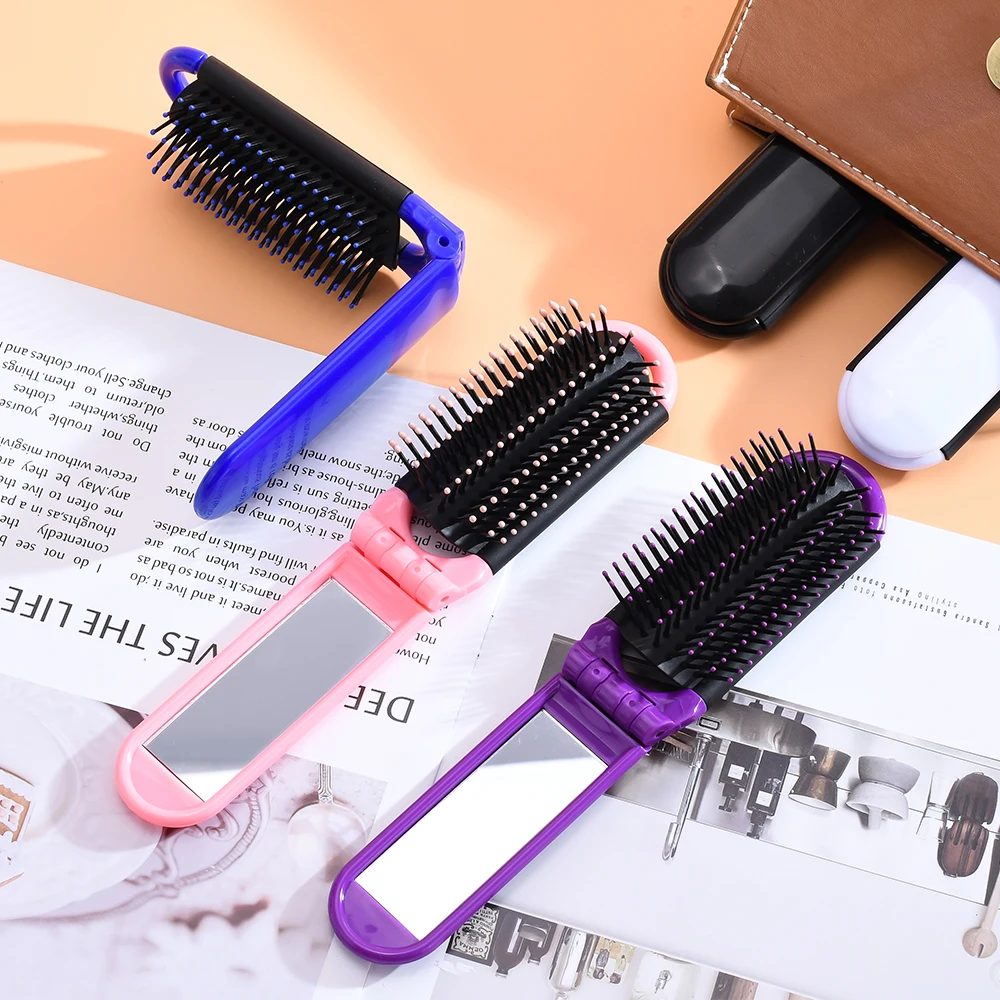 High quality Travel Pocket Mini Portable Hair Combs Brush With Folding Makeup Mirror