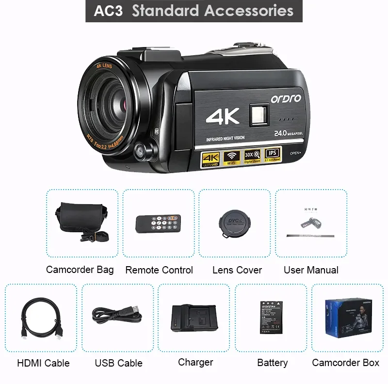 OEM ODM Video Camera ORDRO 4K 30 FPS IR  Digital Professional Camcorder WiFi Camera