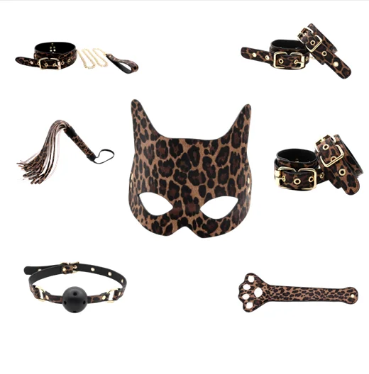 Factory wholesale 2021 new SM leopard print 7-piece set bundle bondage tool couple fun dress-up sex game cat paw pat mouth plug