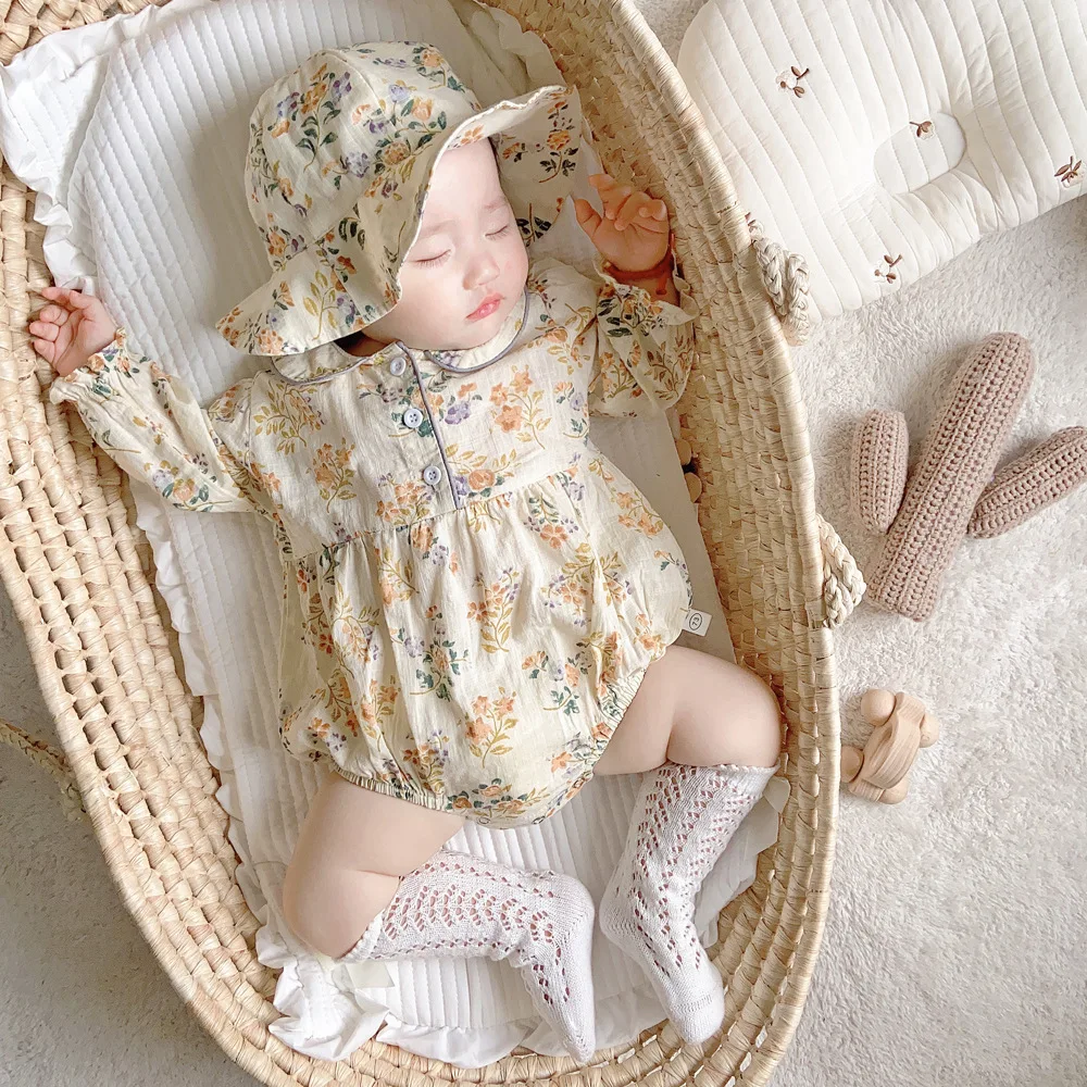 Children 0-2 years old, spring 2021, baby girl, floral dolls, collar, long sleeves, crawling coat