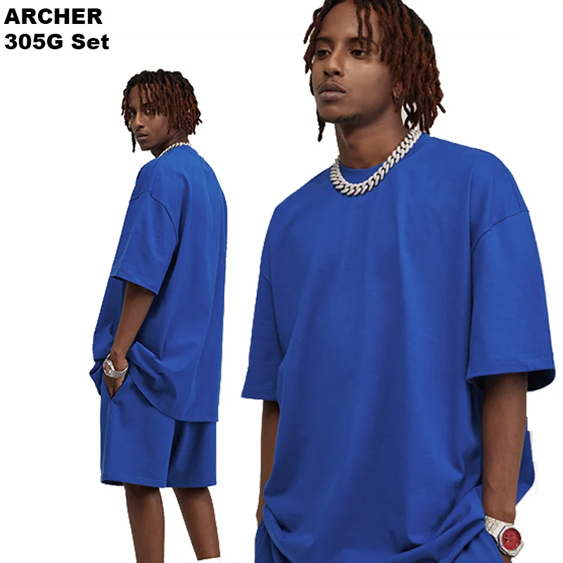 2023 Archer new set Streetwear Washed Distressed Unisex Mens Summer 2 Piece Men Tshirt And Shorts Set