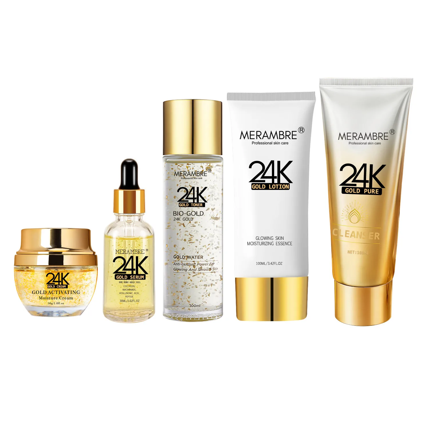 OEM Organic Anti Wrinkle Smooth Glossy Face Skin Care rejuvenating glow skin 24k Gold skin care set