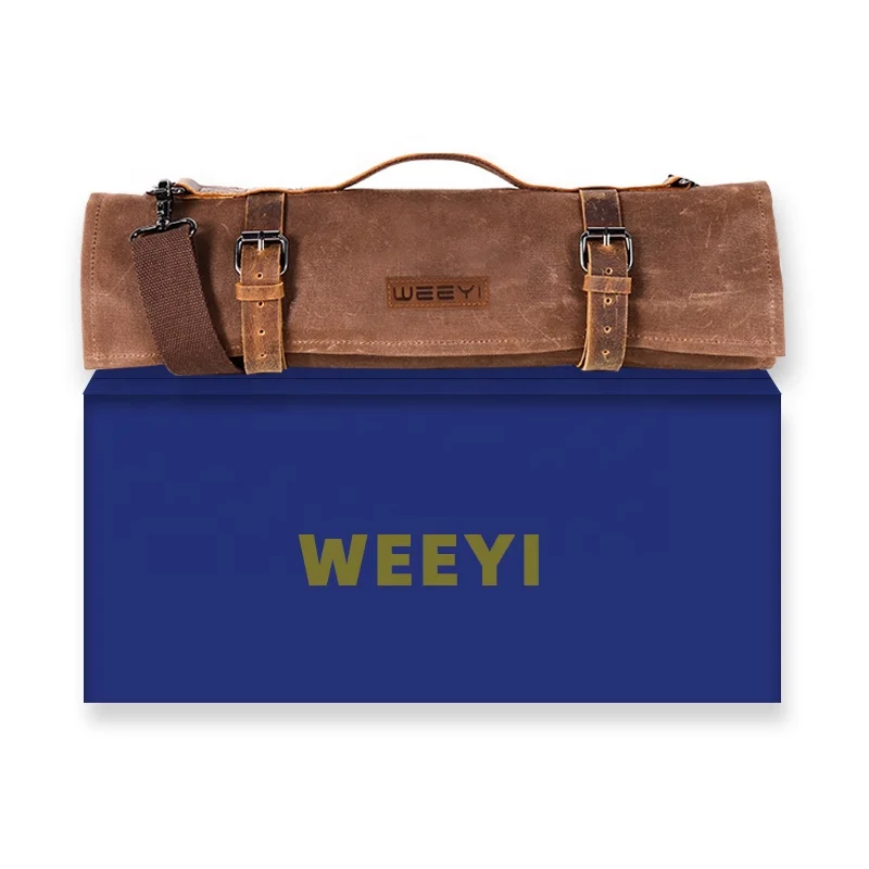 CHANGRONG Custom Heavy Duty Brown Waxed Canvas Leather Chef Knife Roll Up Bag