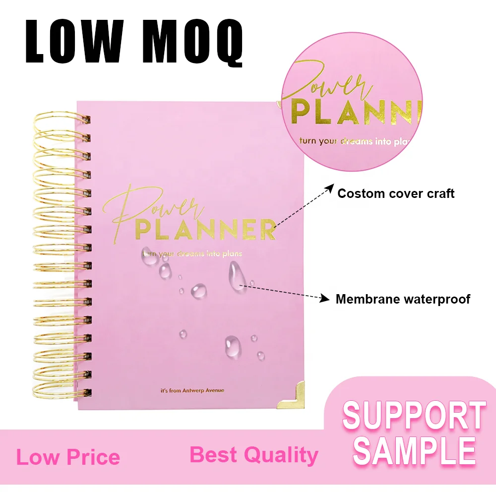 Custom Printing 2022 2023 Pink Hardcover A5 Daily Weekly Monthly Organizer Diary Journal Agenda Planner Spiral Notebook