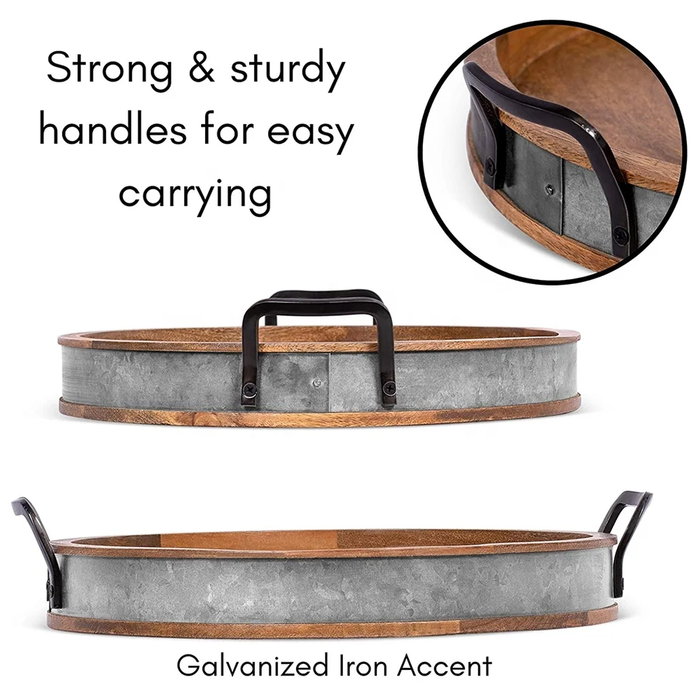 
Wooden Serving Tray with Handles Iron Accents Round Barrel Top Breakfast Trays Tea Cheese Board Coffee Table Decor Natural Wood 