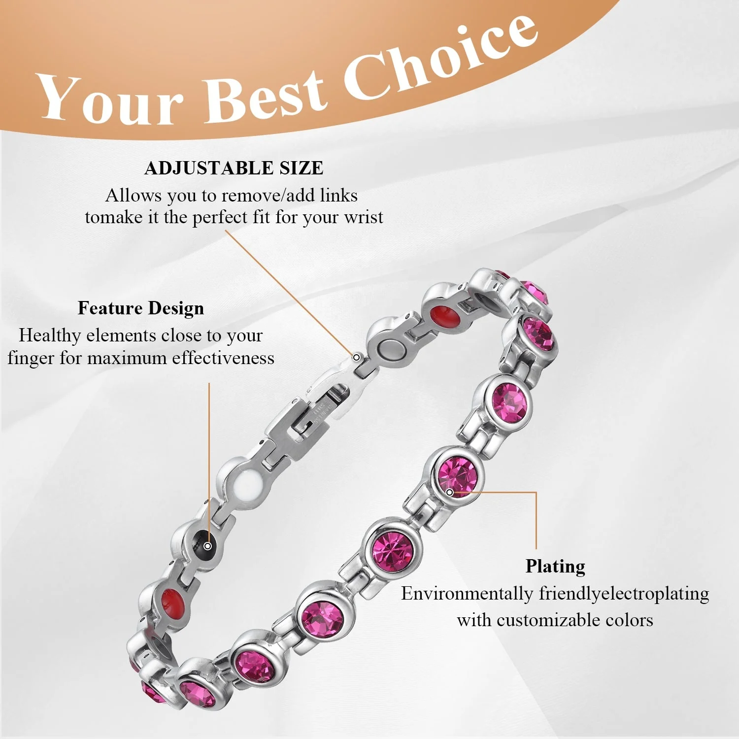 Wholesale Natural Gem Stone Rose Quartz Crystal Women Titanium Steel Magnetic Germanium Bracelets Pain Relief Device