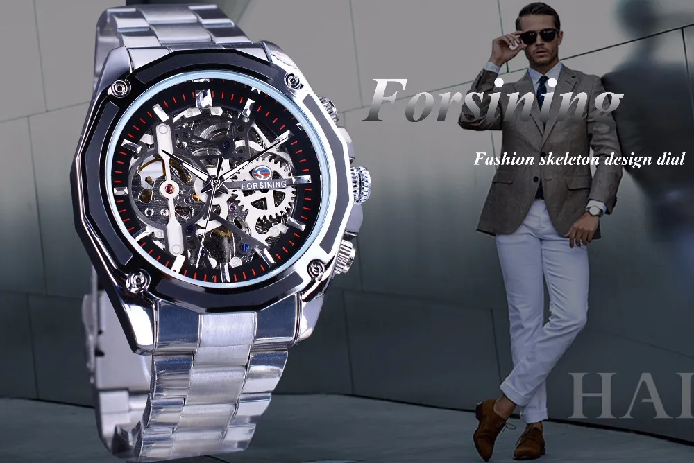 Forsining Watch Steampunk Design Fashion Business Dress Men Watch Top Brand Luxury Stainless Steel Automatic Skeleton Watch