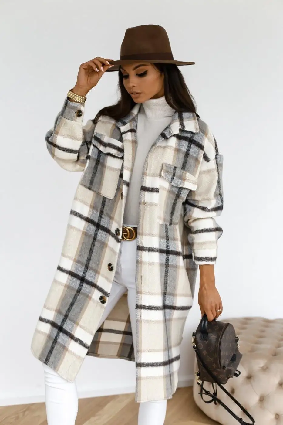 2022 Fashion Long Sleeve Plaid Print Shirt Woolen Coat Winter Long Jacket
