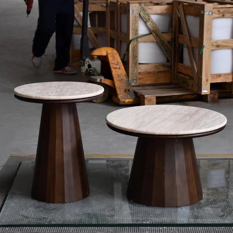 Guanmay Custom Natural Travertine Top Wood Base Coffee Table White Round Side Table Modern Coffee Center Table