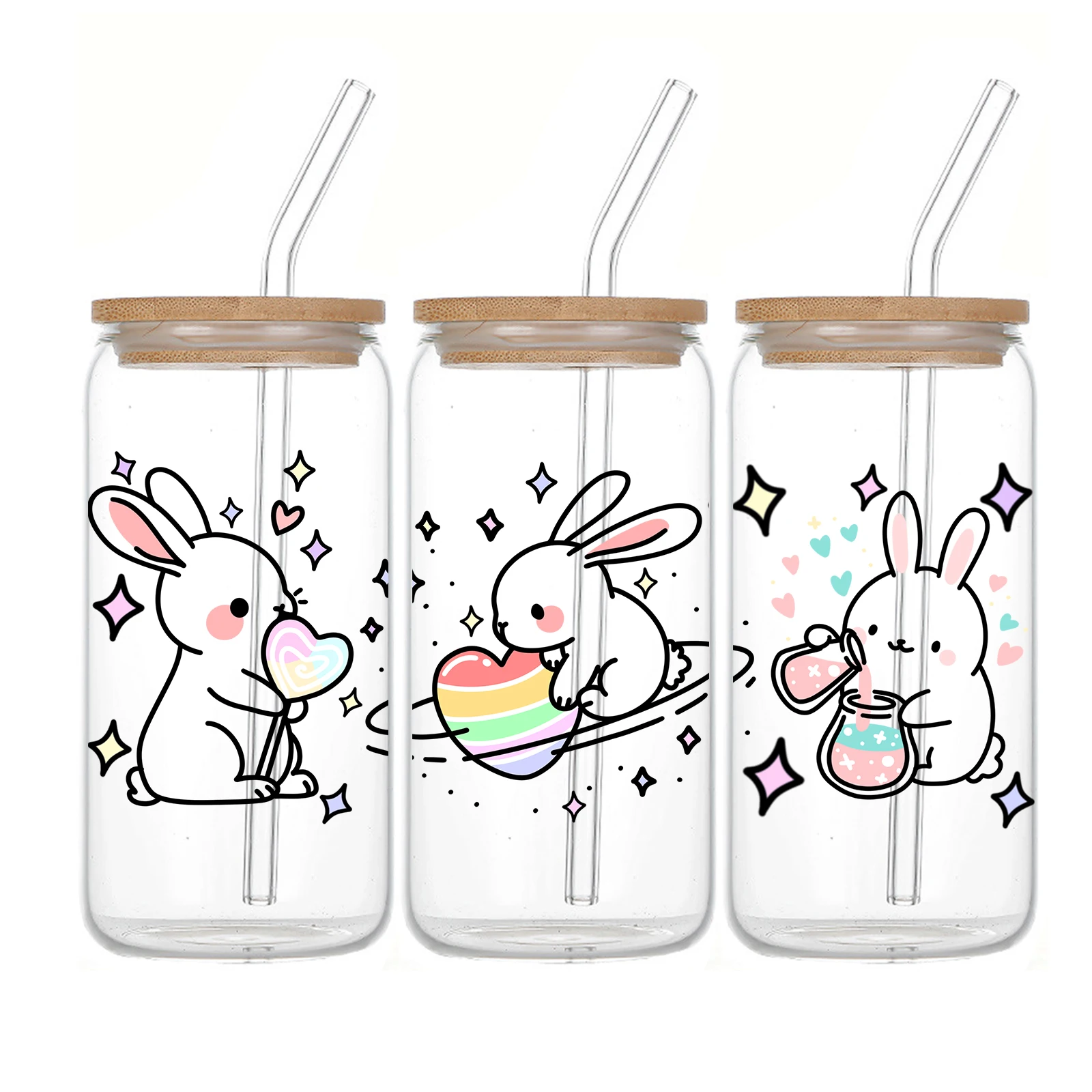 1pc Glass Can Coffee Cup With Lid And Straw 16oz Clear Glass Love Rabbits Iced Coffee Mug For Animal Lovers Gift Soda Can Glass