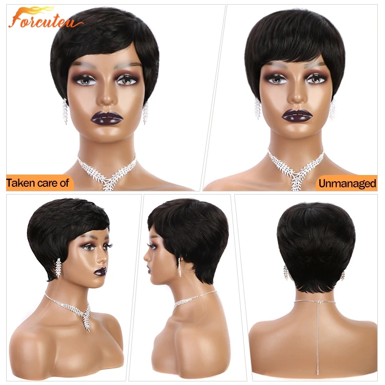 Forcuteu Wholesale Perruque Raw Indian Brazilian Cuticle Aligned Virgin Pixie Cut Short Bangs Machine Made Human Hair Wig
