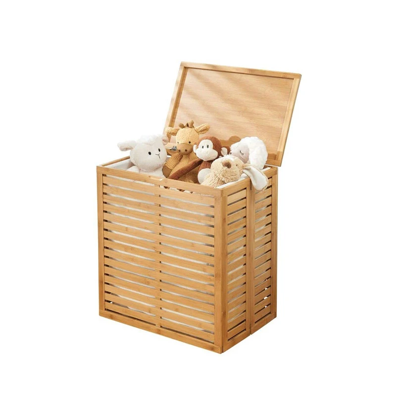 Bamboo Laundry Hamper Basket with Removable Fabric Liner and Decorative Wood Slats
