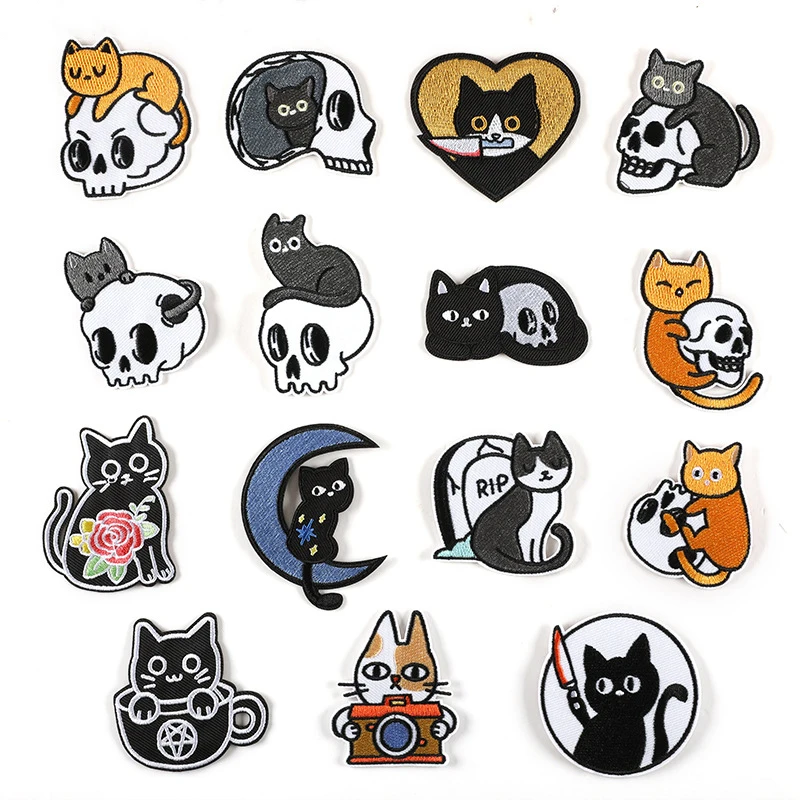 Cartoon black skeleton cat Hot melt adhesive halloween Embroidery patch for Hats clothing jeans shoe decoration garment patch