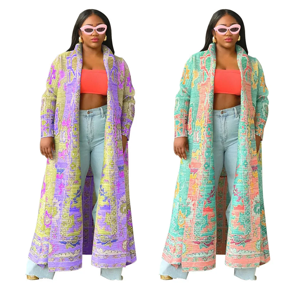 Plus Size Long Coat for Women Printed Trench Outdoor Coat Full Sleeve Ladies Oversize Outwears Large Winter Casual Jacket
