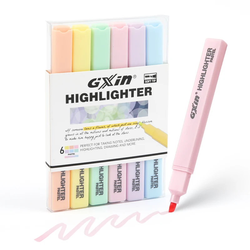 Gxin G-343-6 6pcs/set pastel color highlighter pen wholesale water based stable quality fluorescent pen highlighter marker