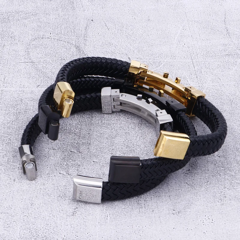 KALEN Gold Black Stainless Steel Zircon Cross Leather Bracelet