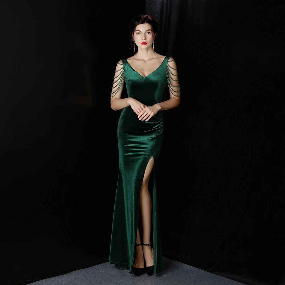 Party Summer Evening Dresses Slim Velvet Sleeveless Green Black Red Split Mermaid Gowns vestido de noite