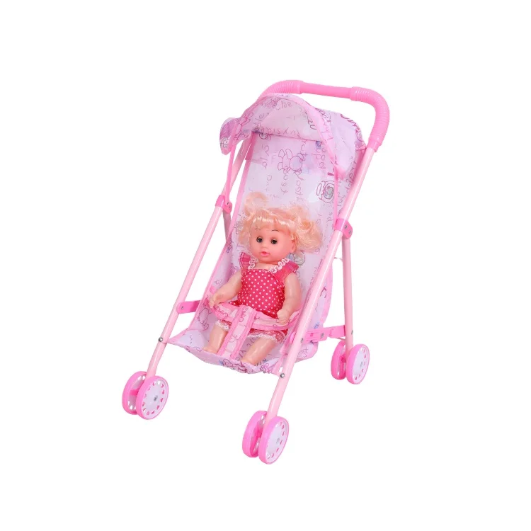 Kids Toys Popular Baby Infant Doll Stroller Carriage Foldable with Doll Mini Stroller Toys Gift Pink Pull Cart Toys