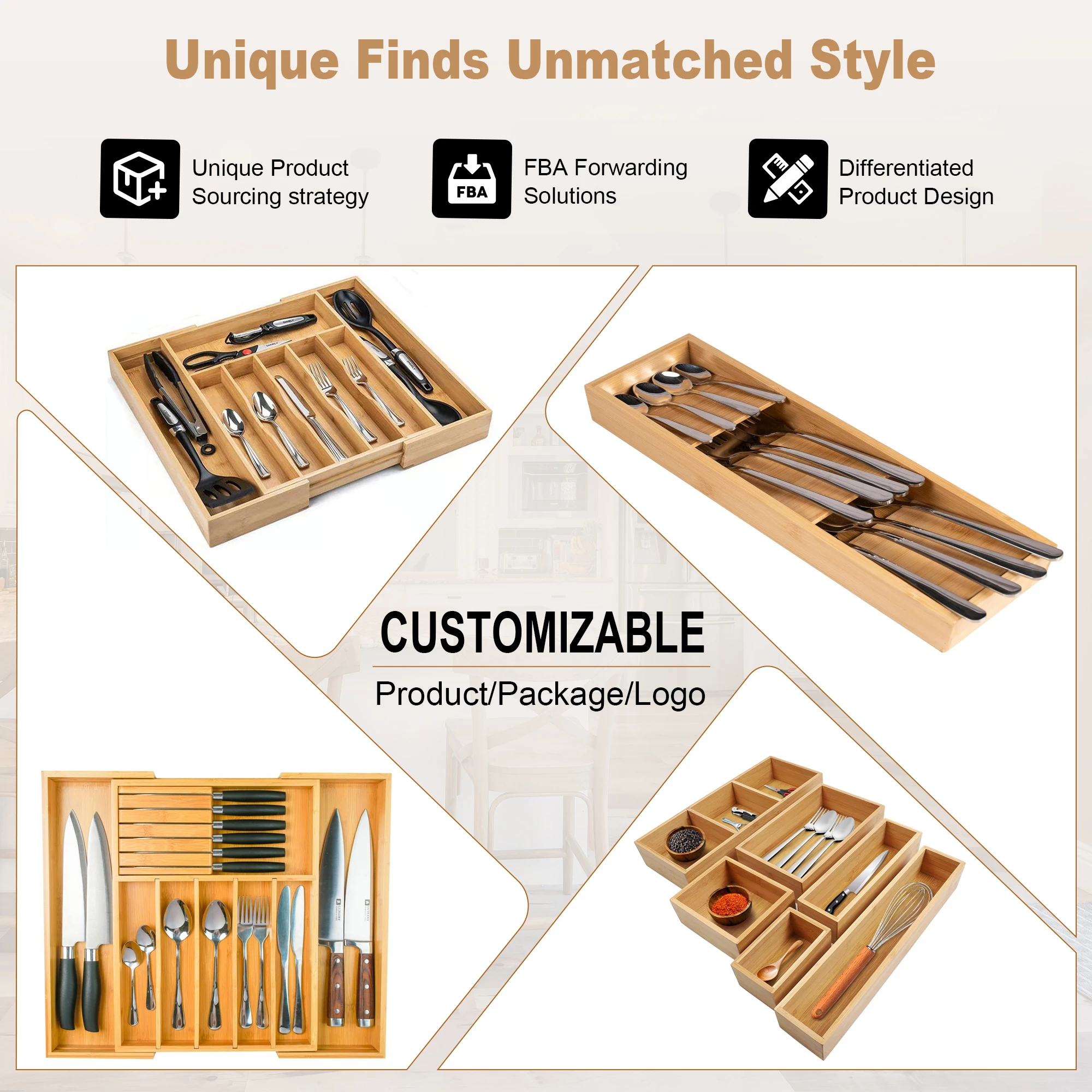 High quality organic Bamboo Utensil storage organizer for kitchen Countertop drawer with transparent Lid 7 Compartments grooves