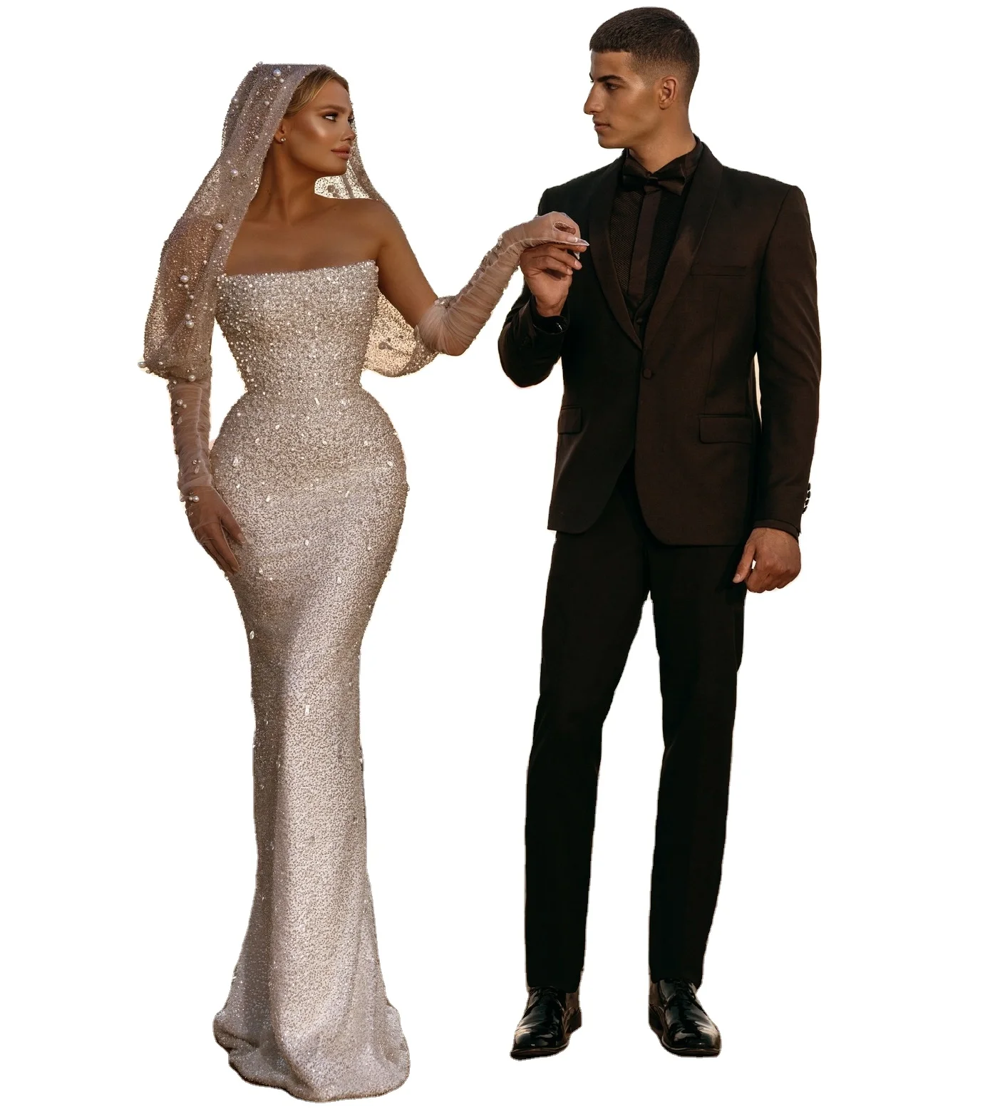 Shiny Strapless Design Mermaid Long Wedding Dresses Fully Beaded Gown For Bride Wear