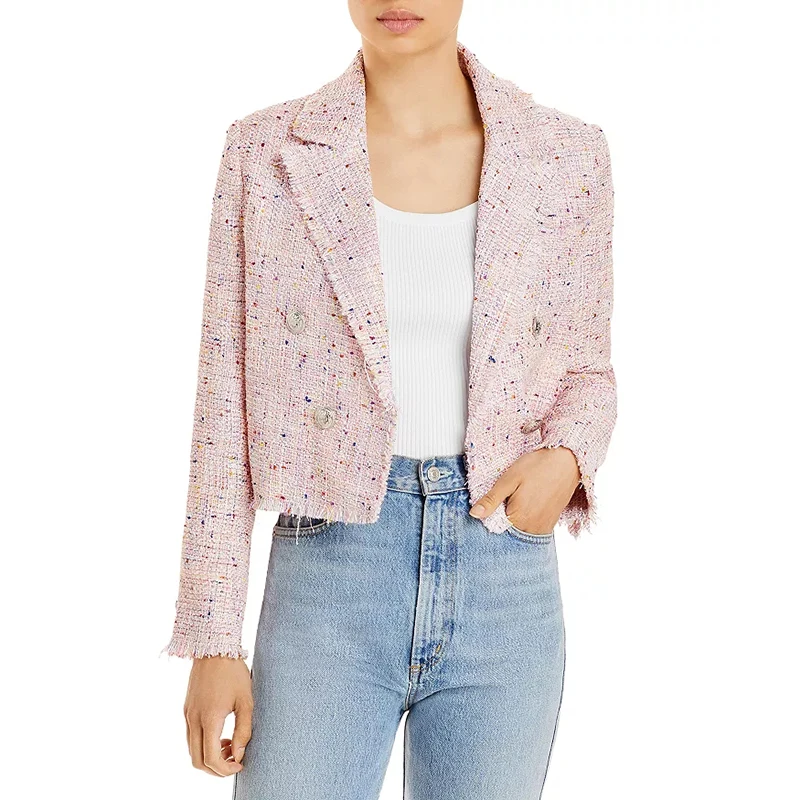 wholesale factory directly sale Lady tweed double breasted cropped blazer Notched lapel with fringe trim lined jacket fit trendy