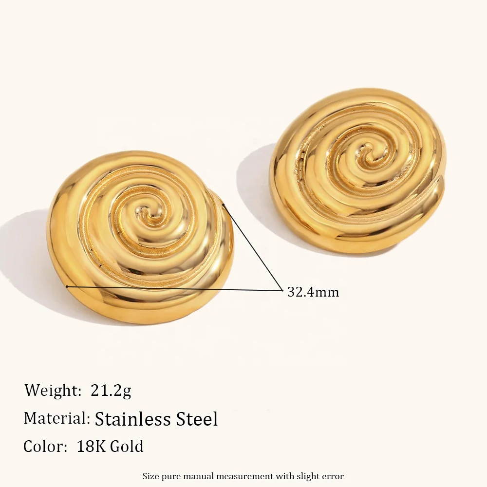 Not Fade Waterproof Fashion Jewelry Earrings 18K Gold Plated Stainless Steel Thread Vortex Shell Shaped Stud Earrings For Women