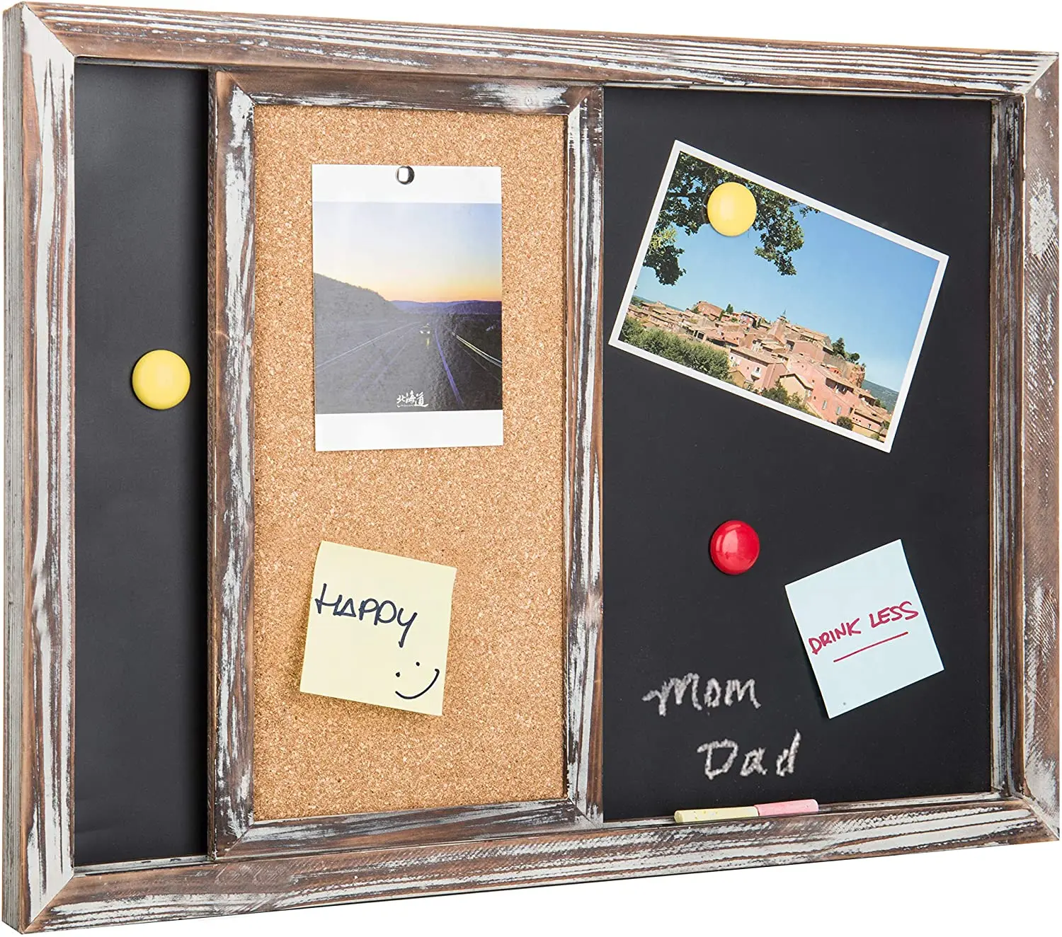 
Rustic Burnt Wood Framed Wall Mounted Magnetic Chalkboard and Sliding Cork Board 