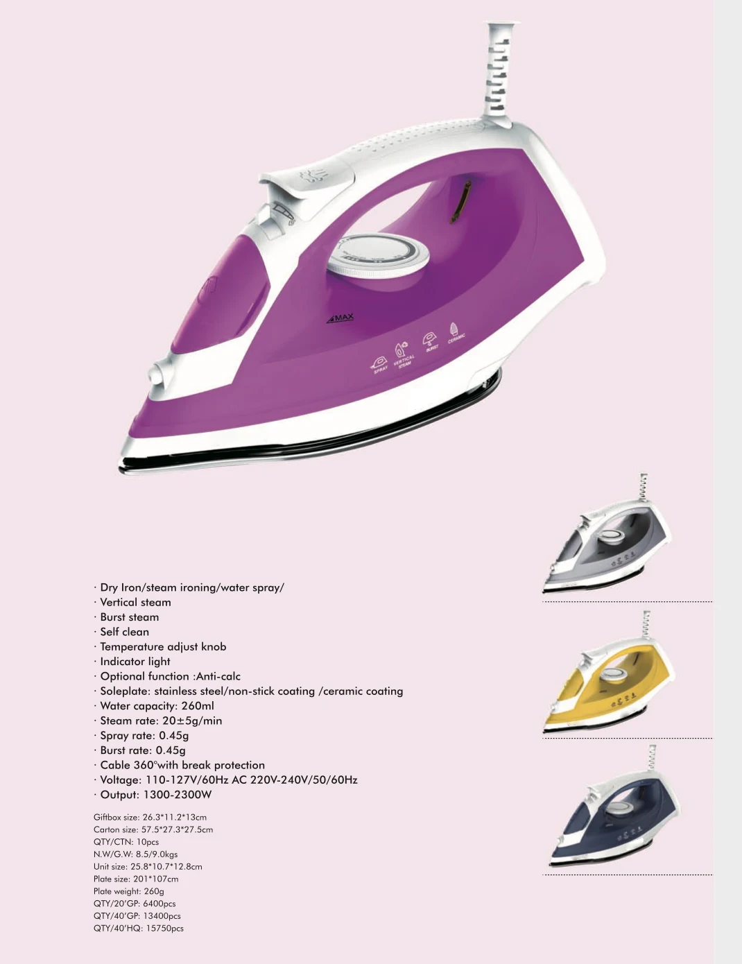 Portable Electric Hand Held Cloth Steamer Dry iron and Steam Iron