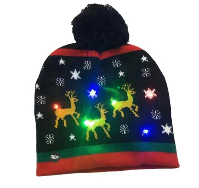 2020 New Winter Festival Xmas Party Pompom Led Hats Kids Led Light-up Caps Women Led Christmas Knitted Beanies Hat
