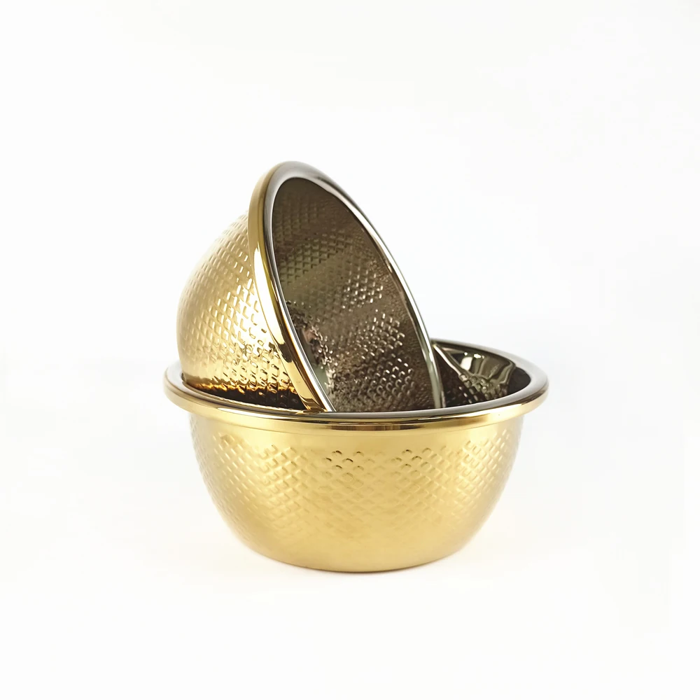 LIHONG Chinese Style Stainless Steel Kitchen Dinnerware Large Fish Scale Lines Gold Food Mixing Bowl Washing Vegetables Basin