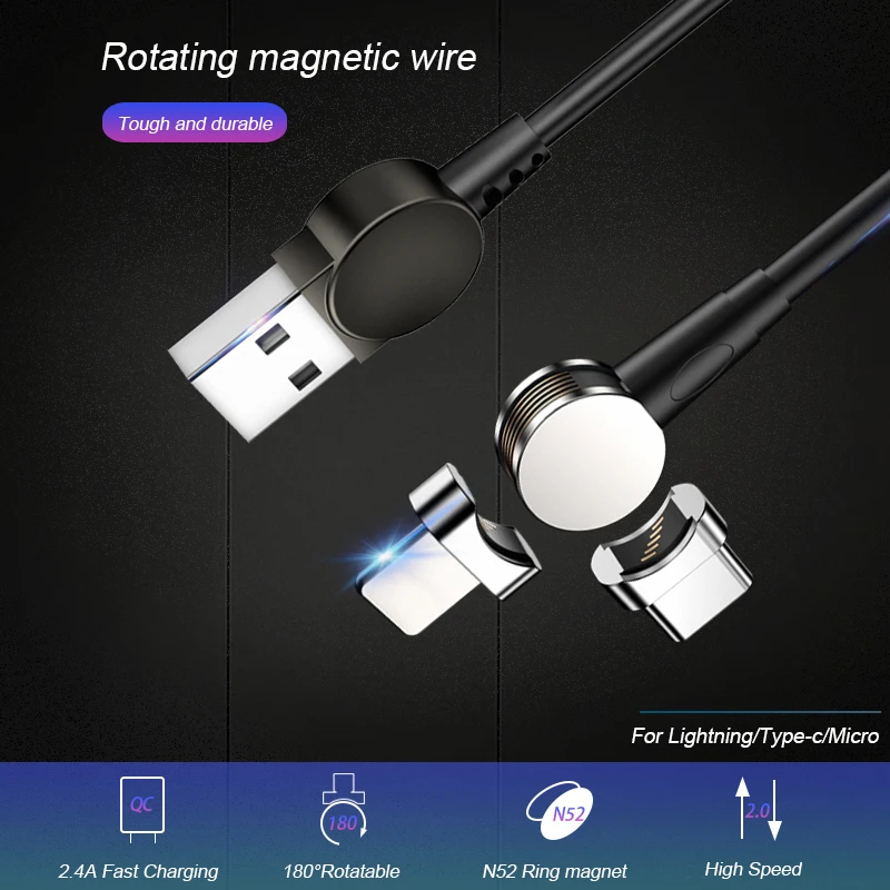 180-degree rotating detachable magnetic USB charge data cable for Android iPad MacBook