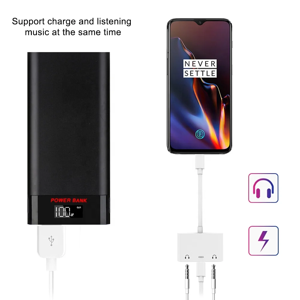 Vnew multifunction 3 in 1 Type C to dual 3.5mm and type C Audio Adapter support PD3A Fast Charger and listening music