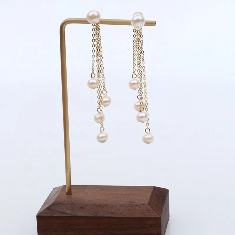 Bohemia s925 stud gold plated jewelry natural white real pearl bead earring tassel