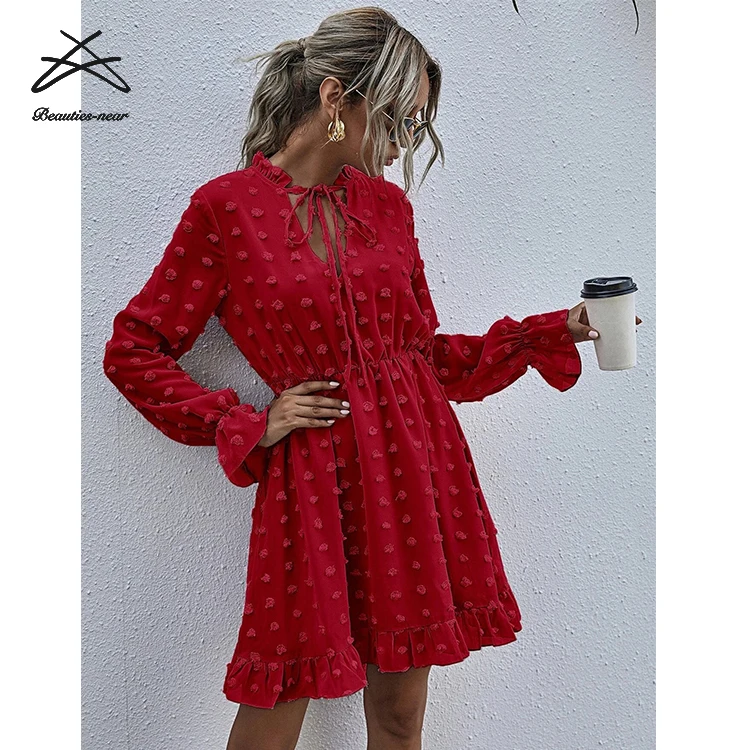 2021 Spring Polka Dot Dresses Womens Elegant Stylish Elegant Ruffles Women Dress Long Sleeve Ladies Chiffon Dress