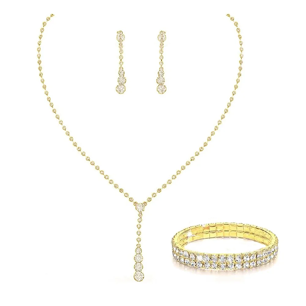 European and American simple tassel rhinestone necklace bride rhinestone necklace earrings set three sets