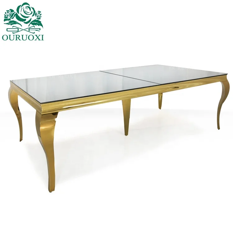 Romantic metal frame glass top rectangle stainless steel furniture for wedding table