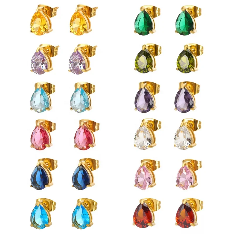 12 Months Birthstone Zodiac Earring Colourful TeardropJewelry 18K Gold Plated 316L Stainless Steel Water Drop Stud Earring Women