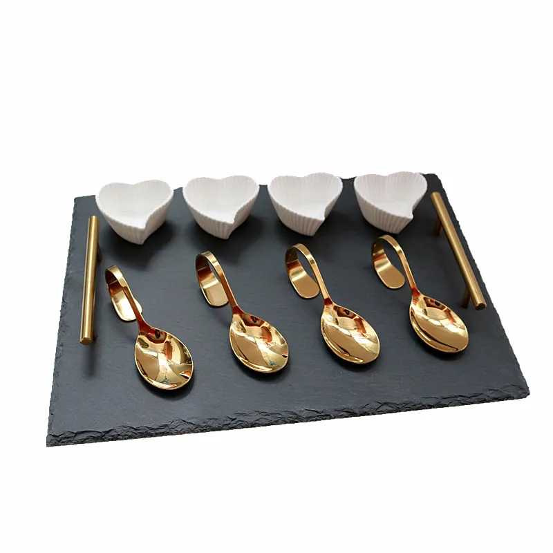 Mail order western style shrink wrap golden spoon golden handle pizza steak slate plate set slate serving board