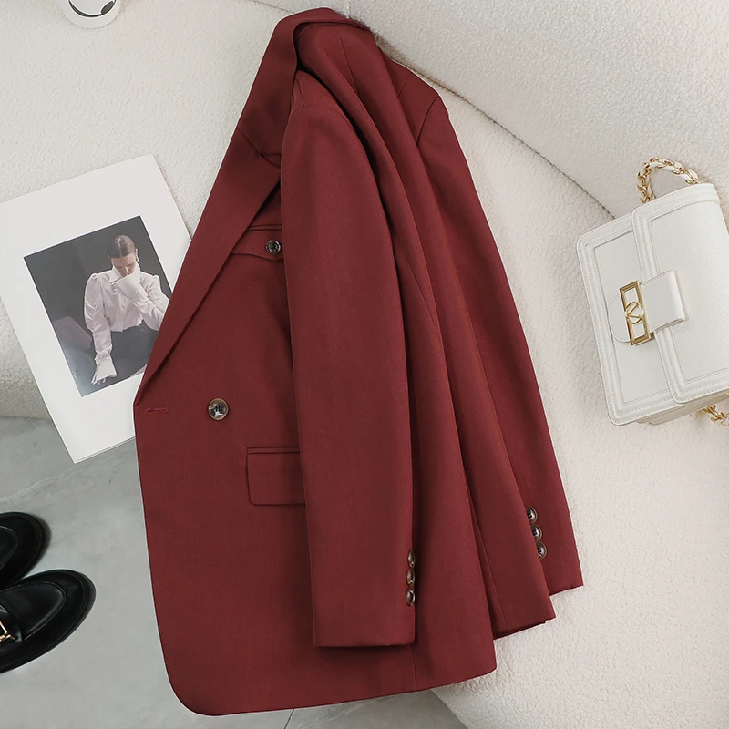 2024 New Little Man Burgundy Casual Suit Jacket Women High Sensitivity Korean Slim Double Breasted Button Long Spring Autumn