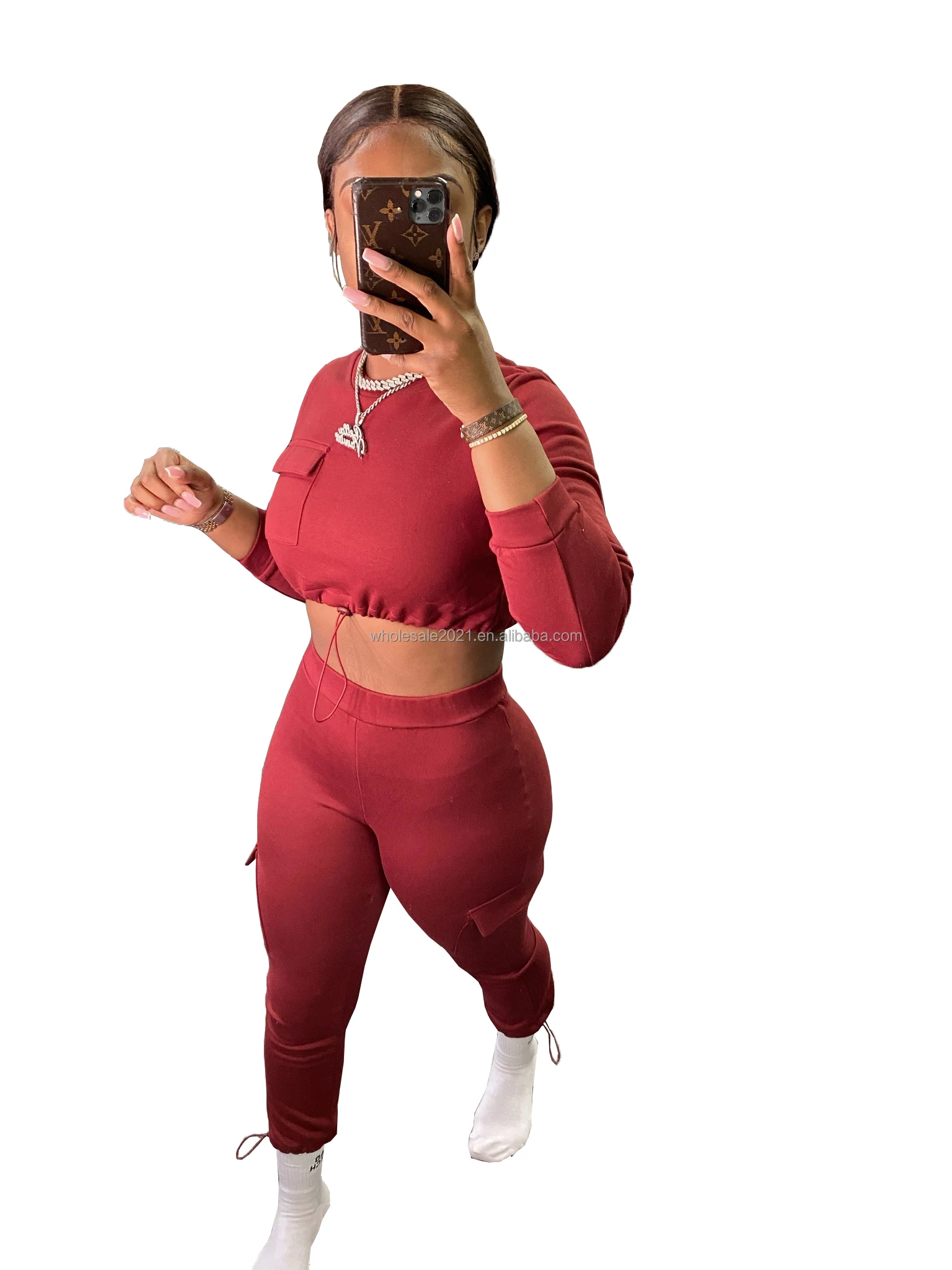 
2021 New Arrival Hot Sale Women Spring Fashion High Quality Casual Pocket Drawstring Round Collar Suit Two Piece Set Wholesale 