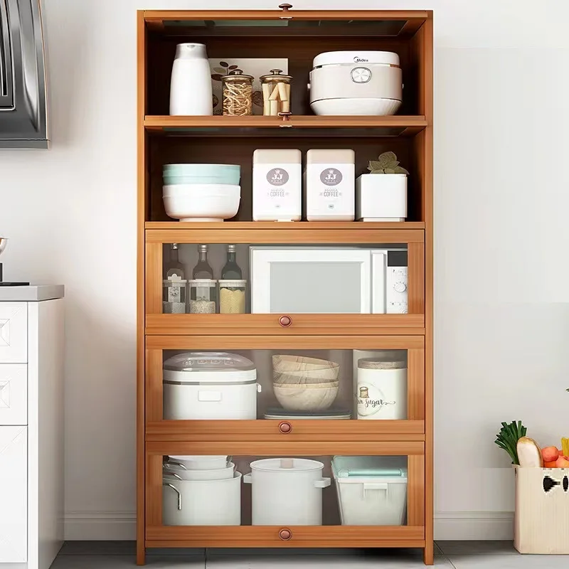 Factory Direct Bamboo Kitchen Floor Cabinets for Tableware Wine Food Rice Cooker Microwave Oven Wooden Storage Shelf