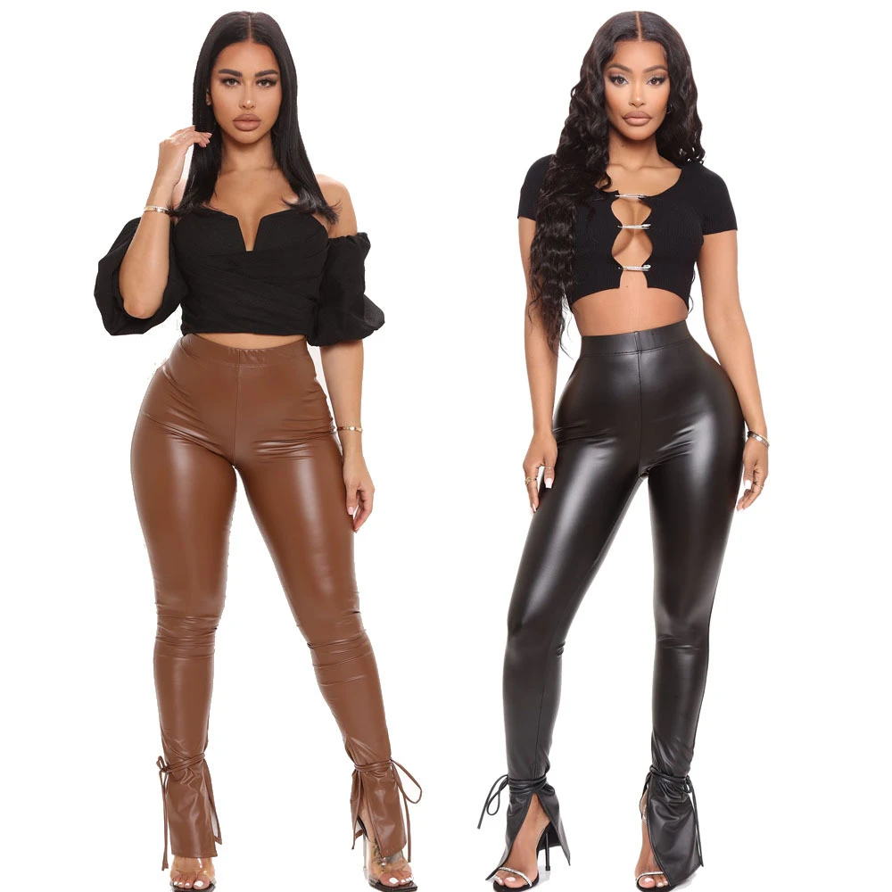 Y5002 fashion bodycon stretch strap leather women flare pu pants