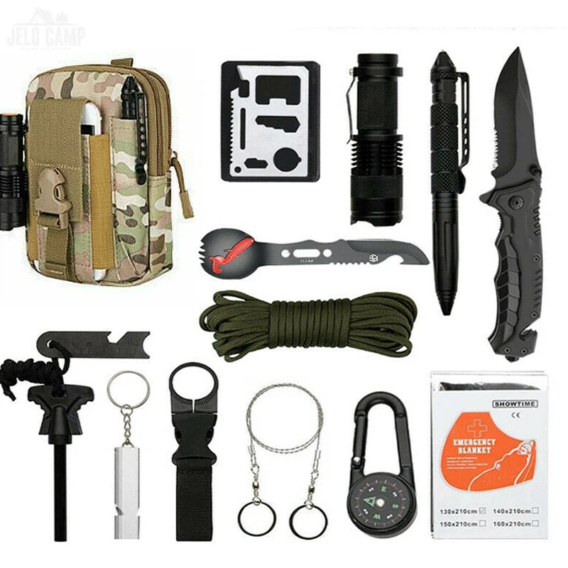 15 in 1 Camping Survival Gear Kit  survival kit outdoor emergency Wilderness SOS Bag Hiking Hunting Adventure Equipment