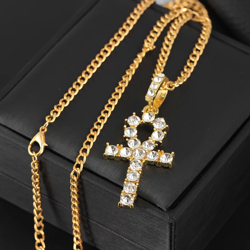 Silver Color Mens Hop Iced Out Gold Rhinestone Key of Life Egypt Cross Pendant Tennis Chain Crystal Necklace for Men