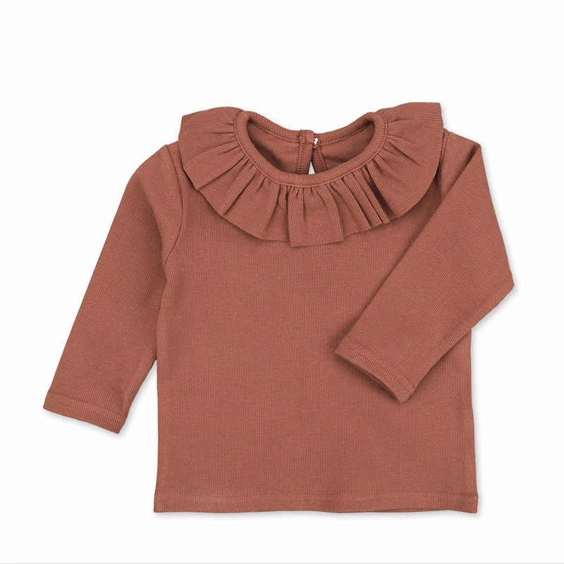 China supplier long sleeve girls tops  t shirt cotton children clothes ruffle neck tshirt wear