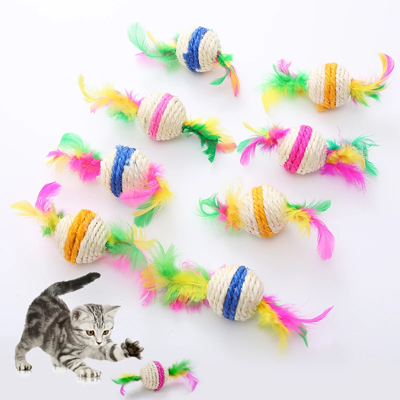 Wholesale Colorful Interactive Cat Toy Scratching Sisal Cat Ball Toy Natural Cat Scratcher Toy With Feather