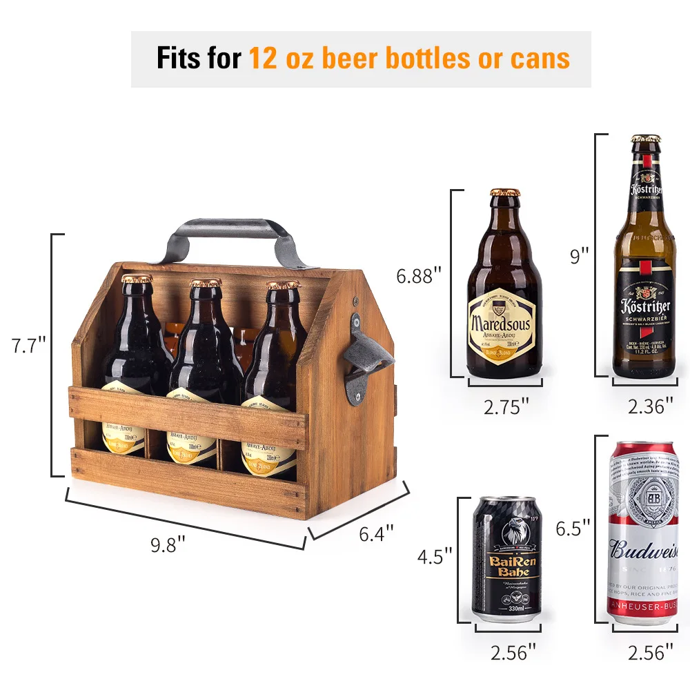 Wooden 6-Bottle Beer Bottle Portable Storage Basket with Detachable Interior and Equipped with a Metal Bottle Opener