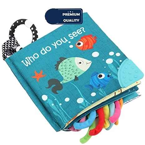 AUGLEKA Early education Who do you see Teether ring ocean Fish Sea Animal soft cloth book for baby infant Toddlers